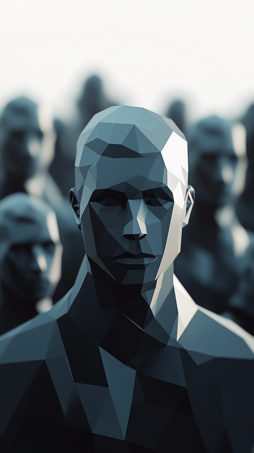 3D man surrounded by abstract figures, expressing egocentrism.