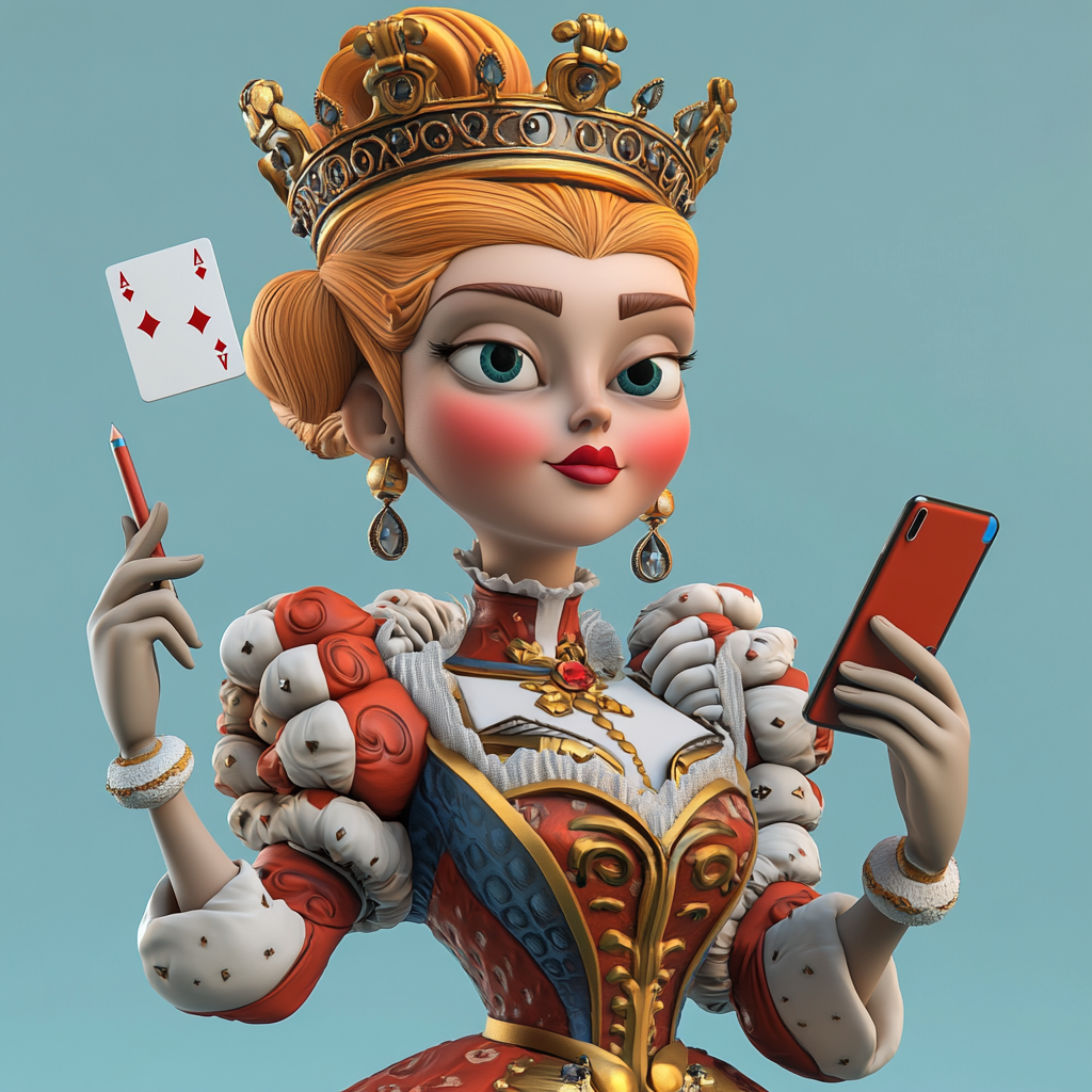 3D queen character from playing card, multi-tasking queen.