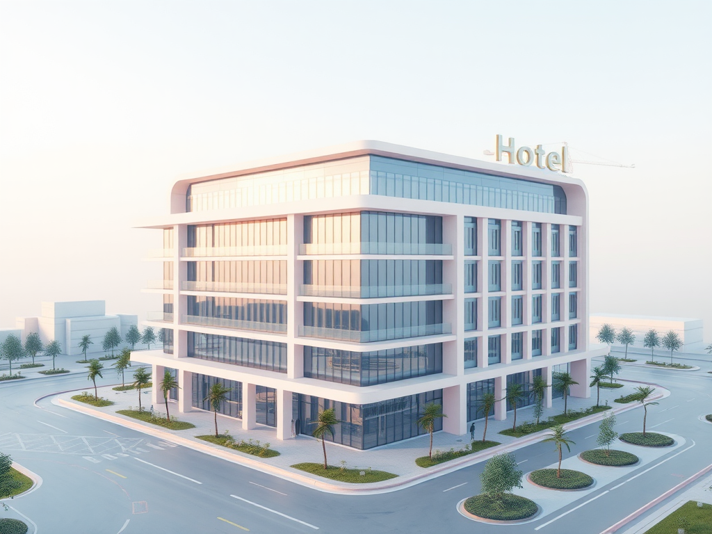 3D render of modern hotel construction with soft colors.