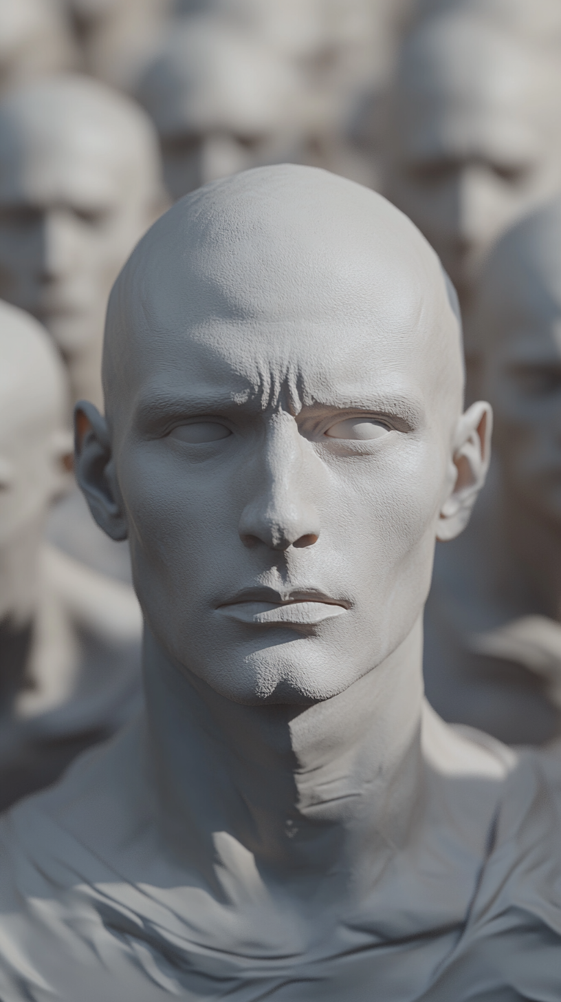 3D rendering of selfish man surrounded by people, immersive high-definition image.