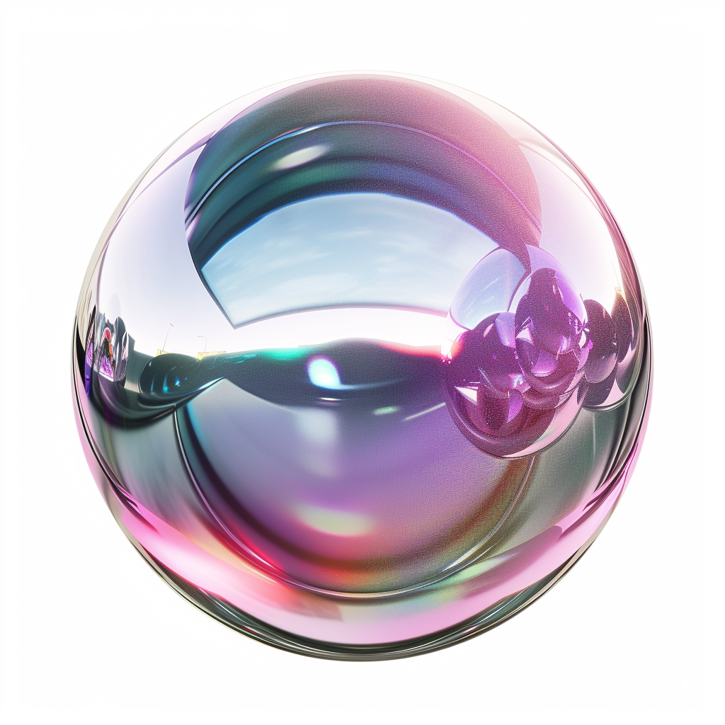 3D sphere with metallic, reflective, iridescent finish on background.