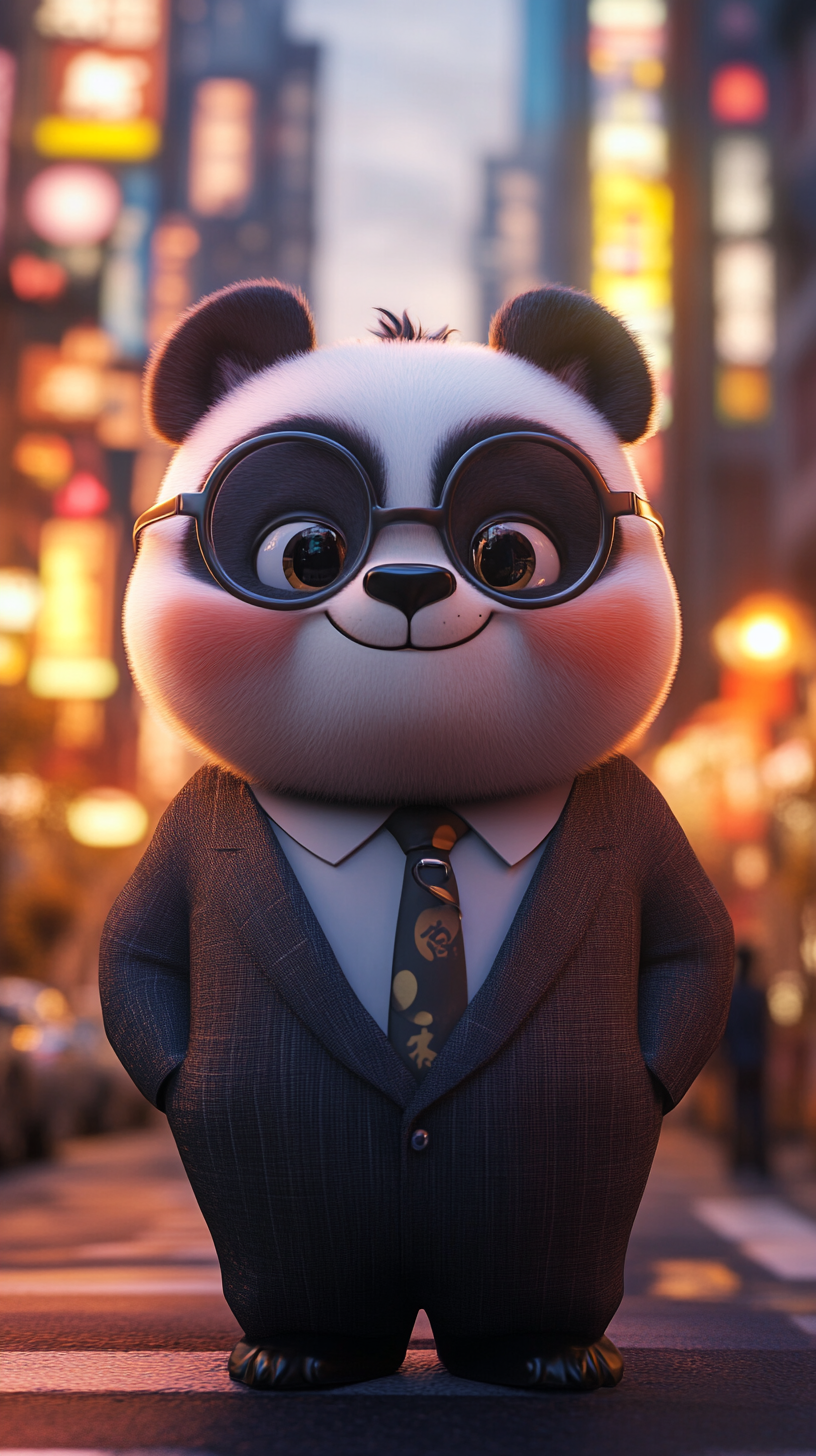 3D style cute, chubby panda, wearing tight suit.