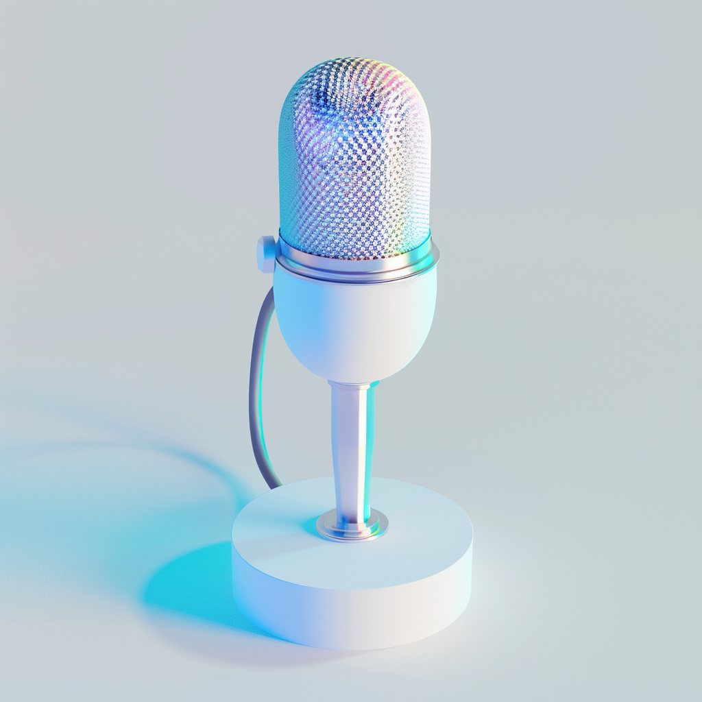 3D white, iridescent microphone icon on white background.