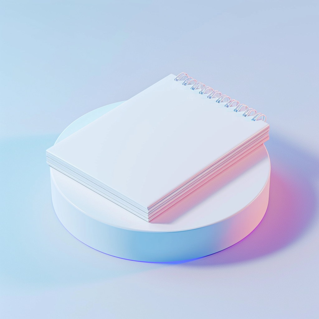 3D white and iridescent notepad in isometric view.