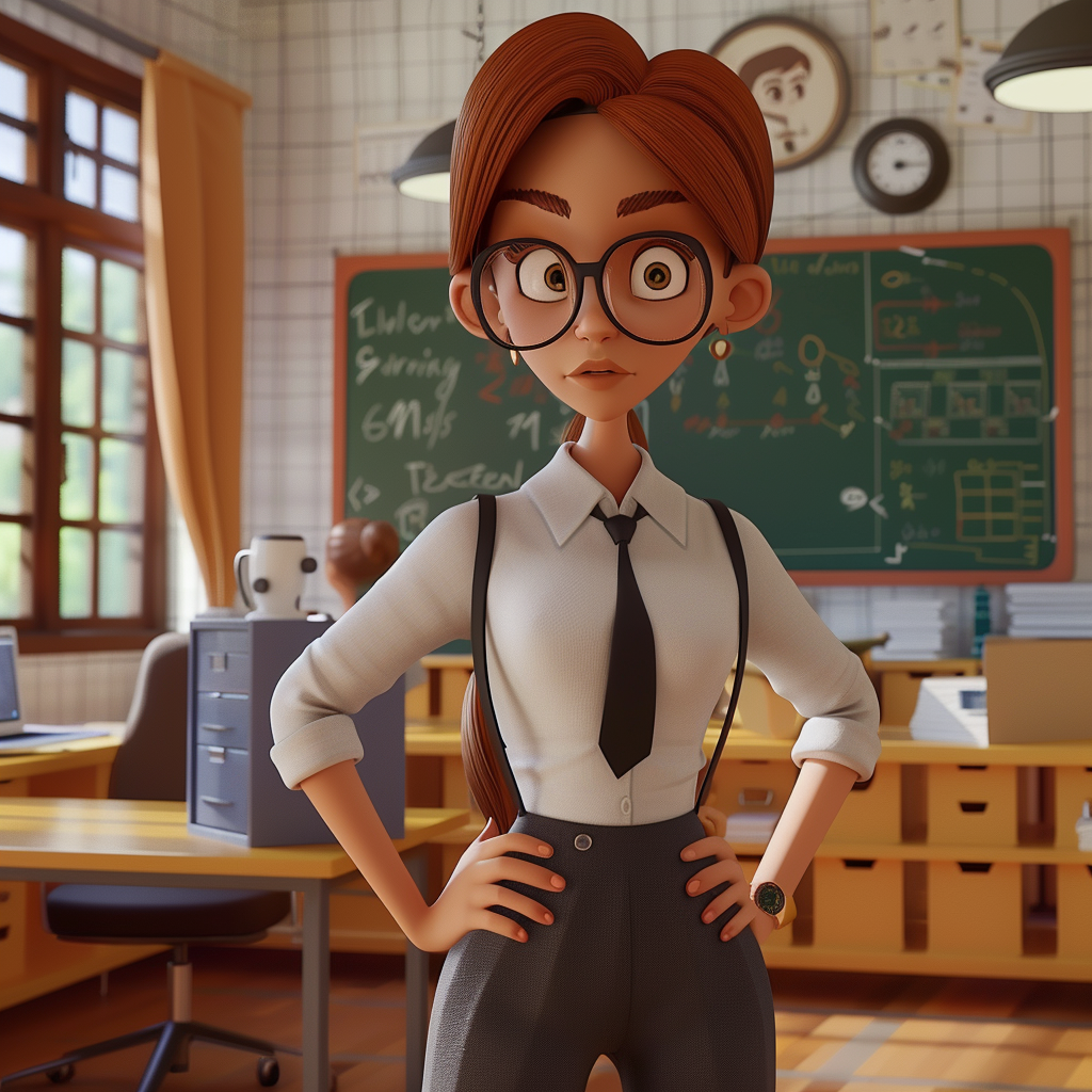 Female algebra teacher in 3D cartoon