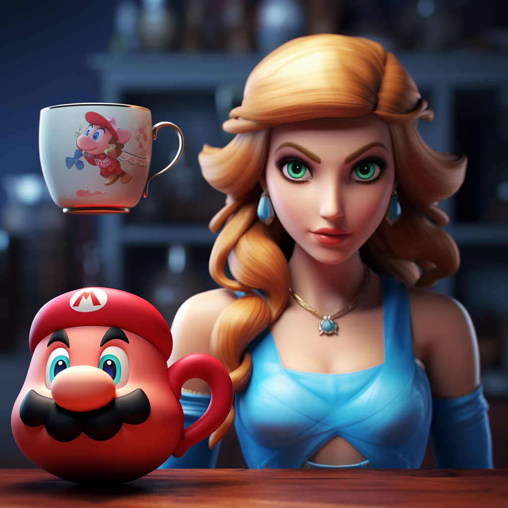 3D cartoon Taylor Swift drinking tea with Nintendo's Mario