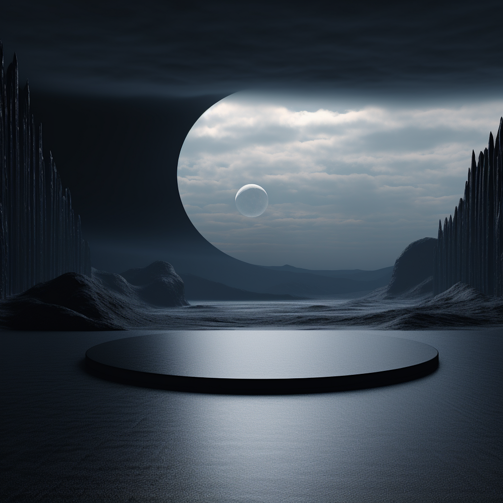 Serene 3D fantasy scene with minimalistic black design