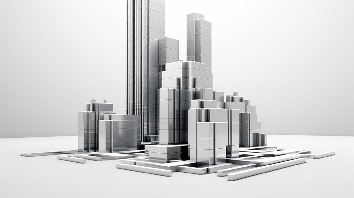 Impressive 3D skyscraper with surrounding smaller buildings