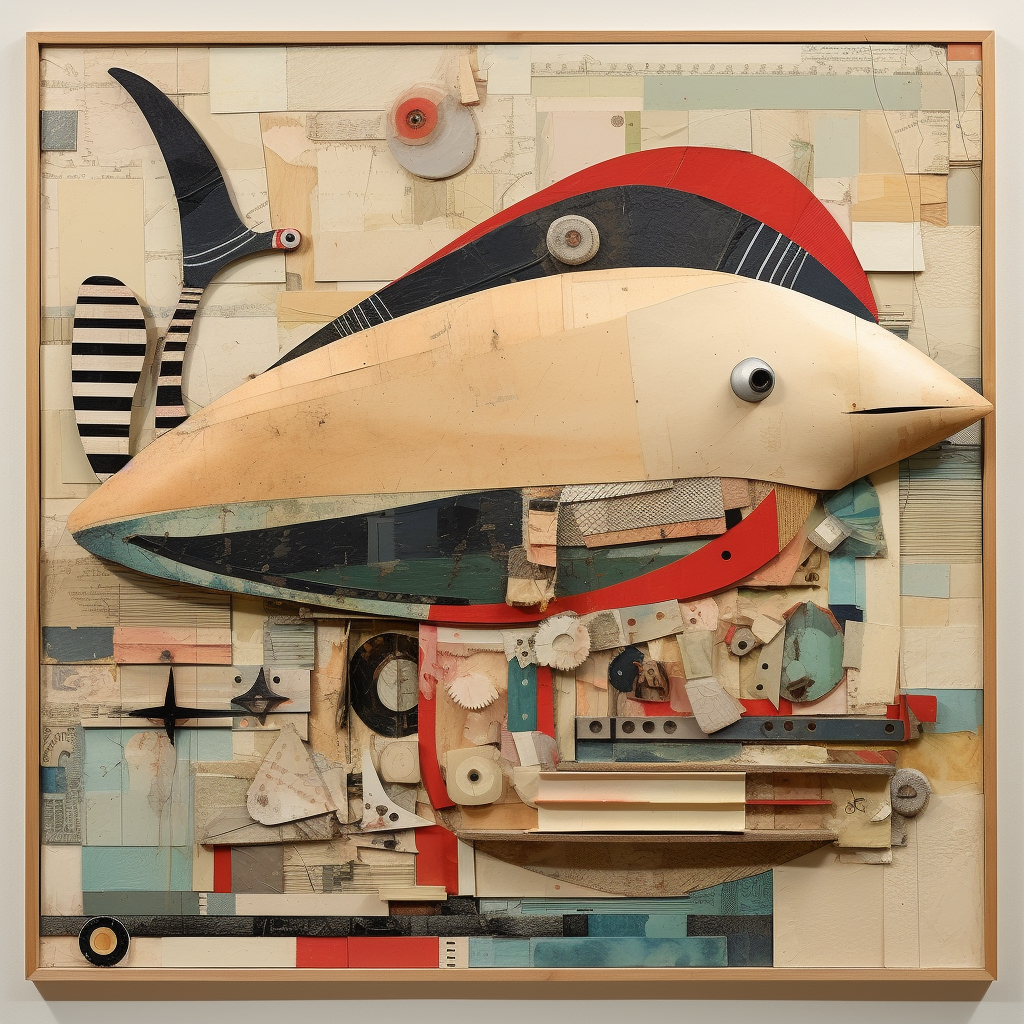 3D whale collage artwork in Kurt Schwitters style