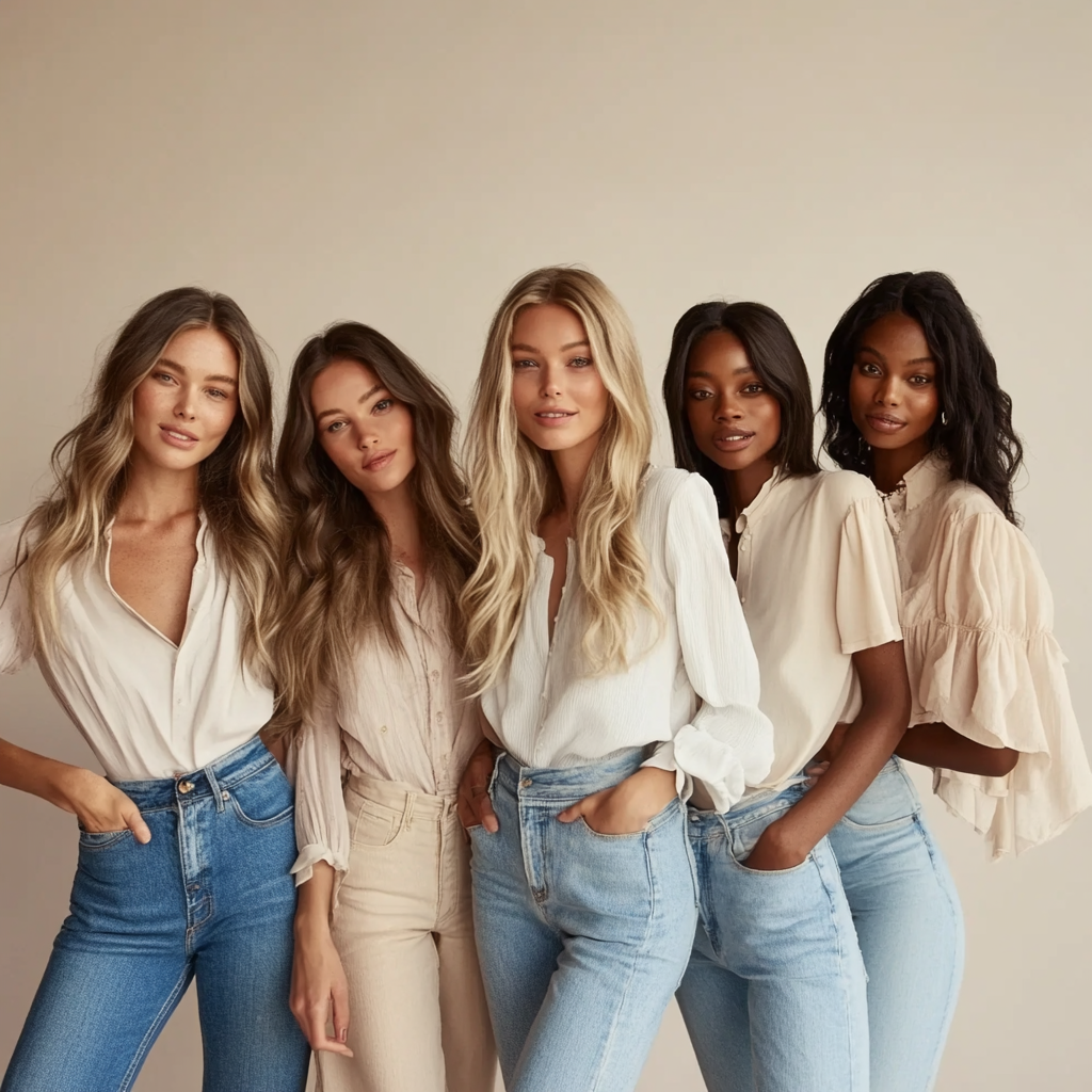 4 Feminine Models in Contemporary Denim Jeans Fashion