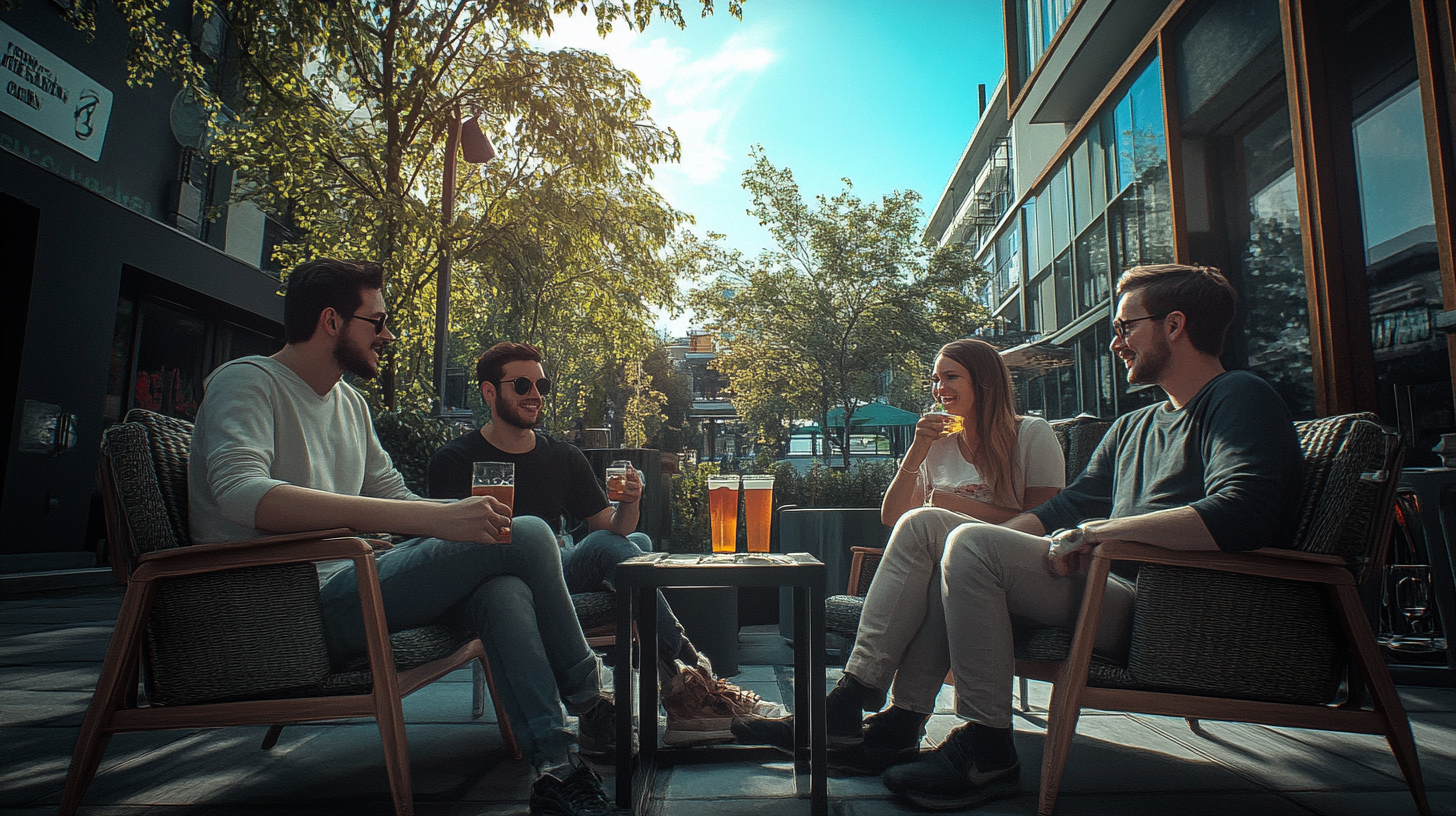 Group of friends enjoying soft drink outdoors