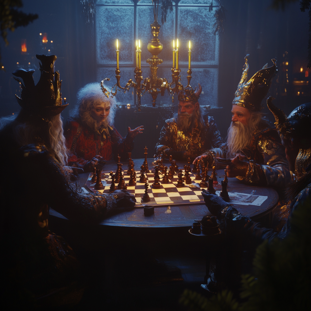 4 models in costumes play 3D chess intensely.