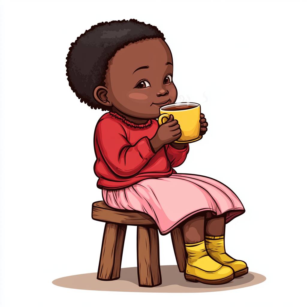 4-year-old South Sudanese girl sips hot tea, smiling.