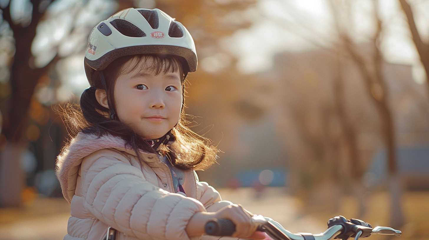 Chinese girl riding bicycle in park