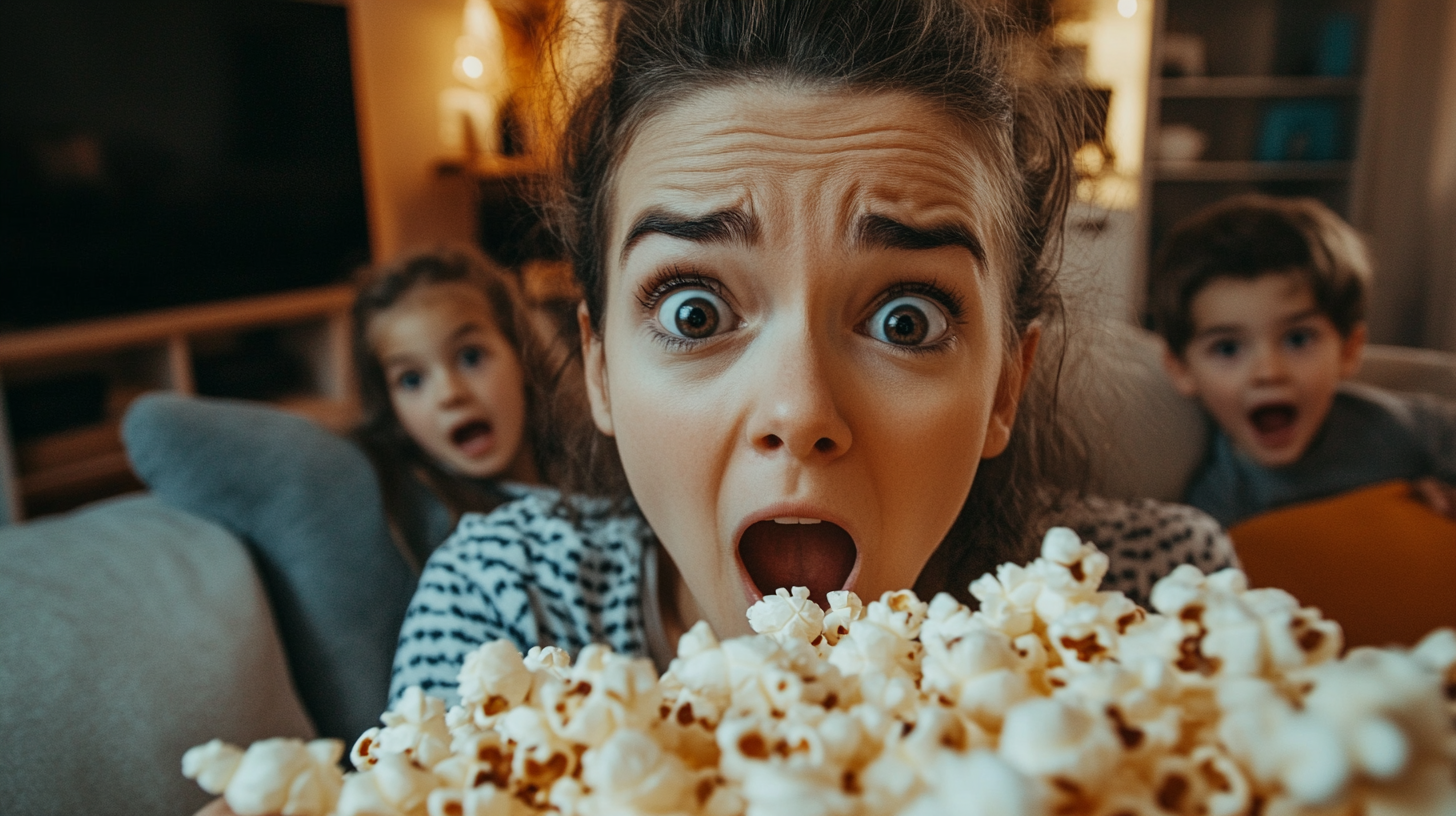 40 year old artsy mom shocked eating popcorn.