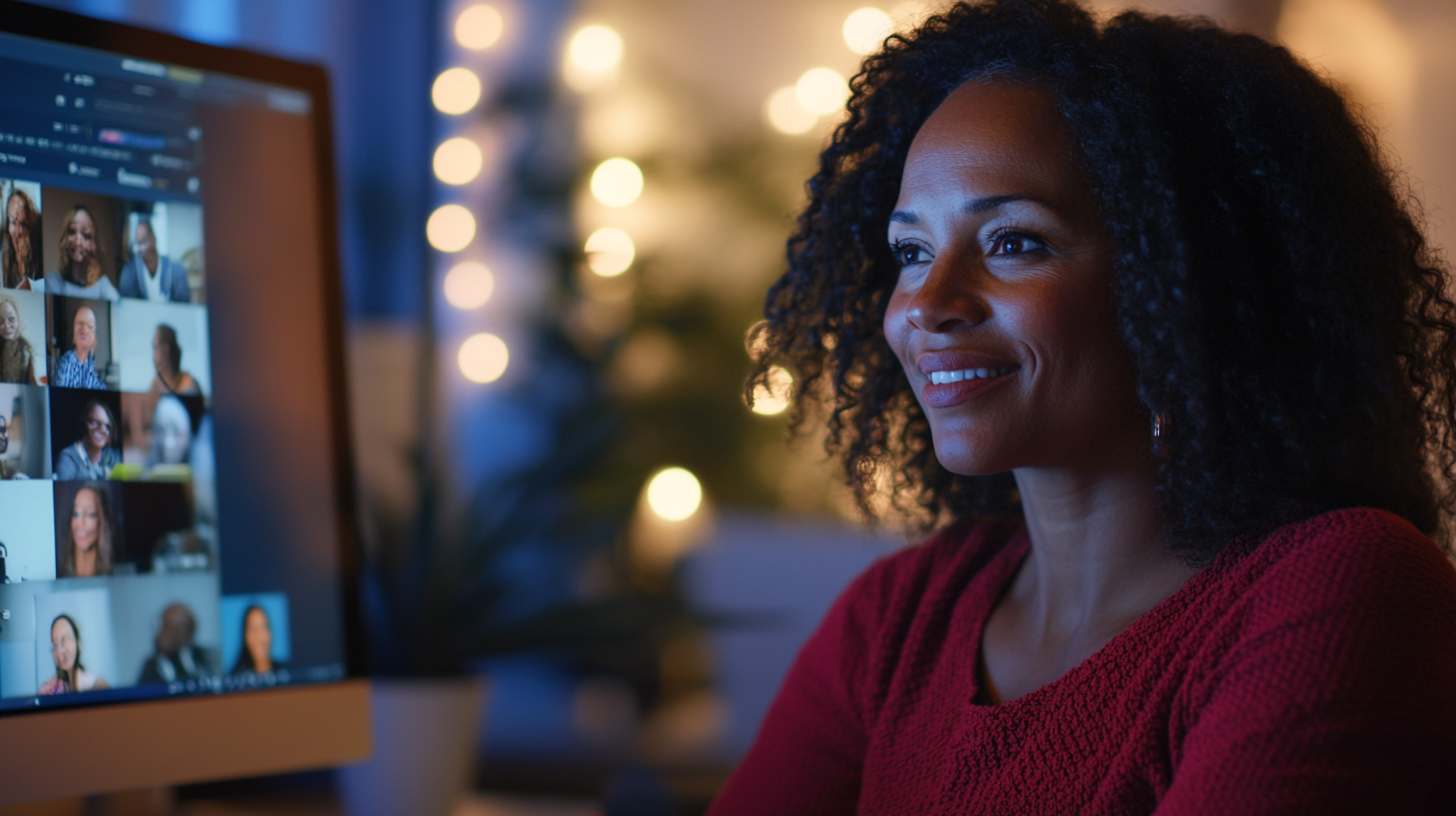 40-year-old lesbian woman smiling, engaging in virtual meeting.