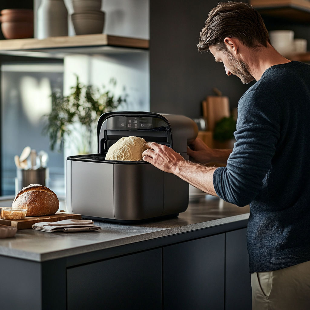 40-year-old man puts frozen bread dough in machine.