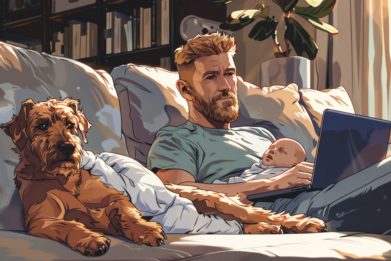 40-year-old man with beard, laptop, baby, dog, nice house.