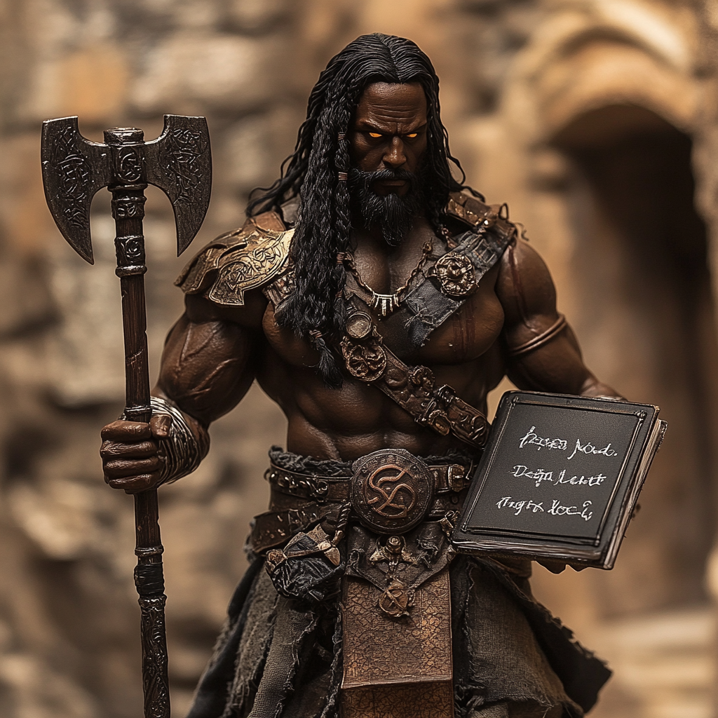 40mm Viking god, African features, long black hair, notebook.