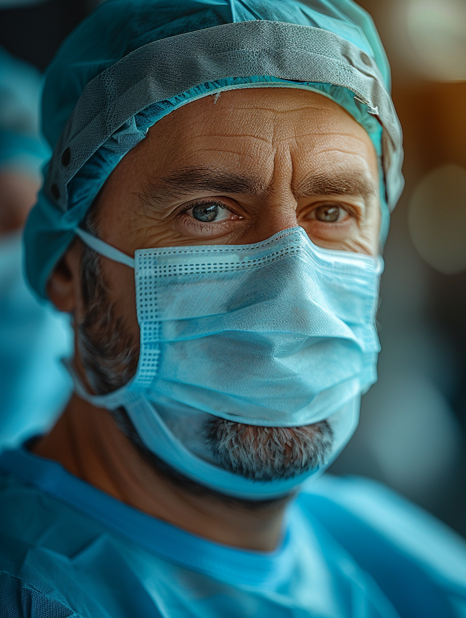 45-year-old male nurse smiling in mask, taking selfie. Canon camera with 5.2 aperture. Mirror, camera settings displayed.