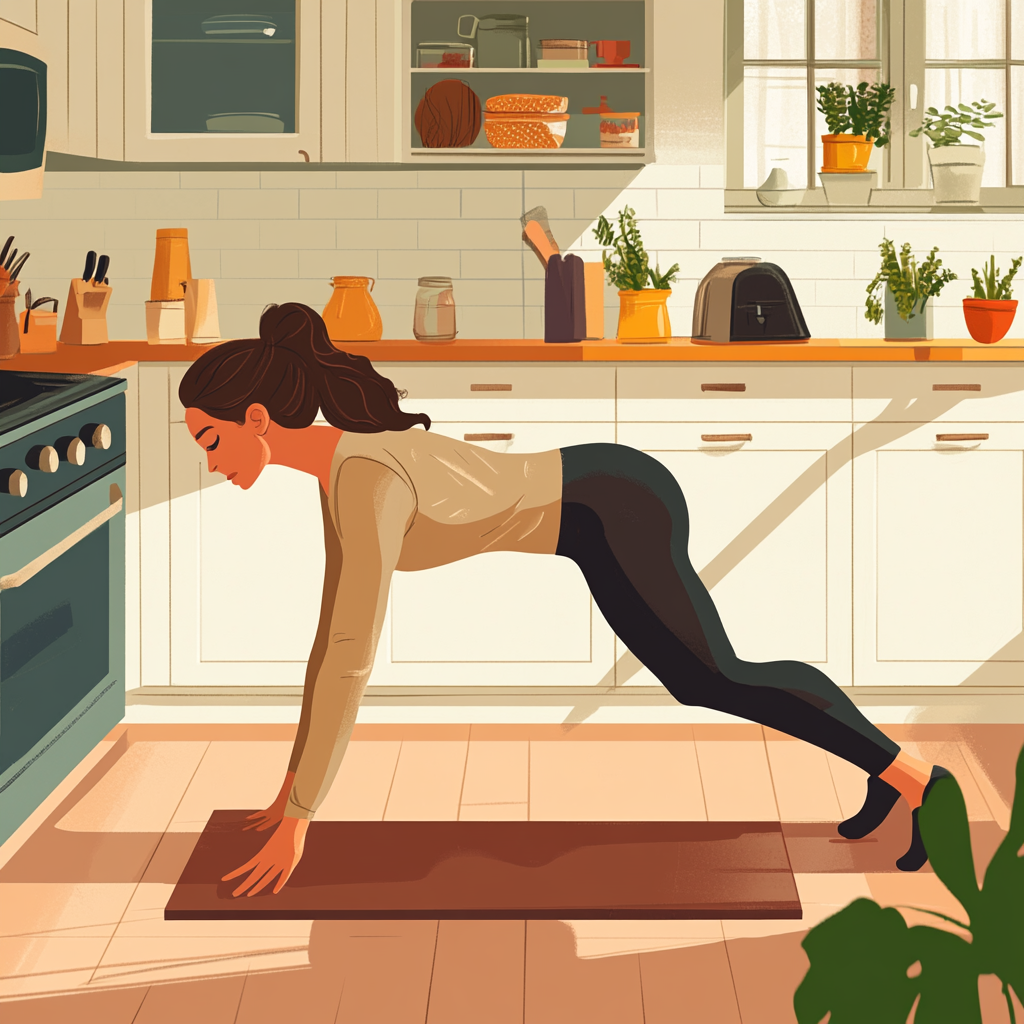 45-year-old woman in tights planking in kitchen.