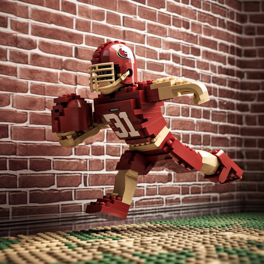 49ers football player breaking through brickwall