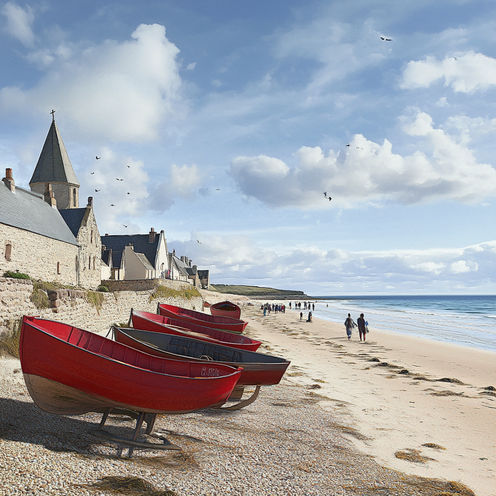 4K photo-realistic beach view with fishing village in England.