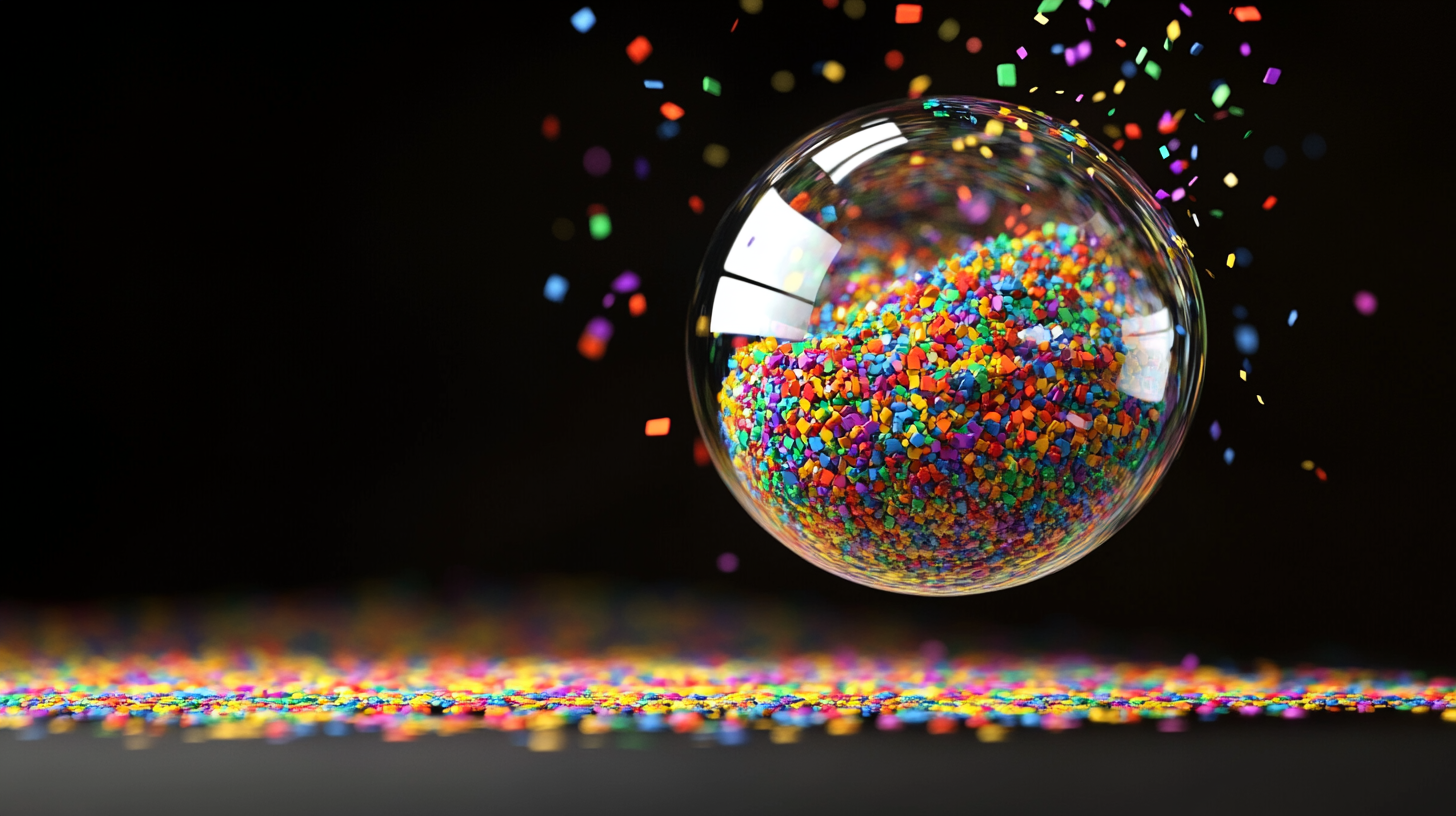 4k 3D glass object with colorful sand in air.