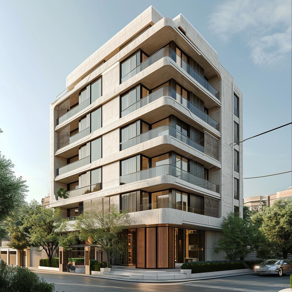 5-story building with travertine stone facade