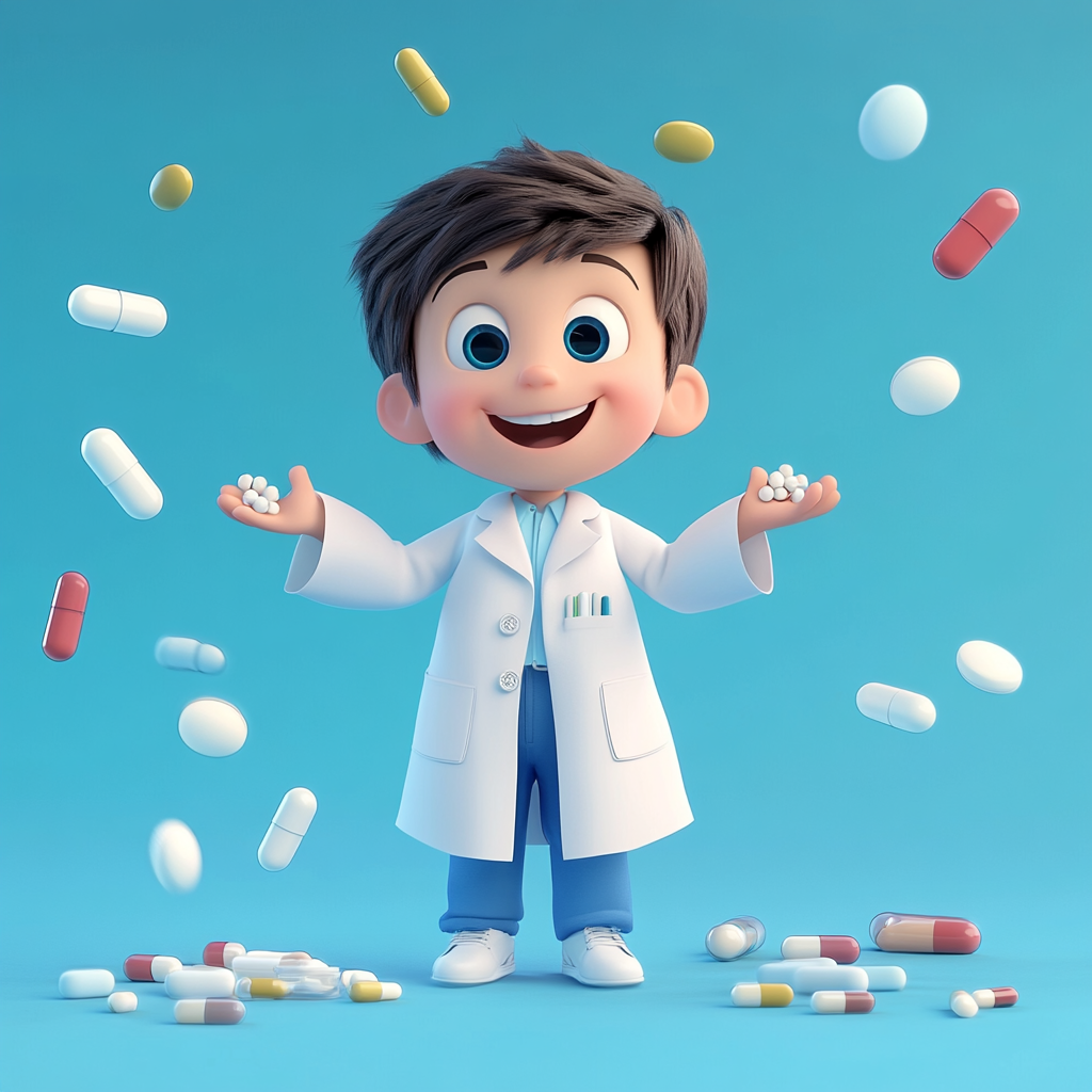 5-year-old boy in pharmacist outfit with pills.