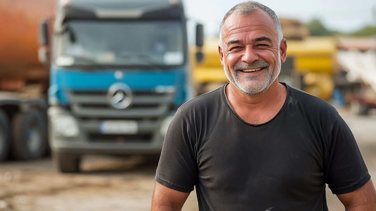 50-year-old Brazilian man smiles playing soccer, standing with trucks.