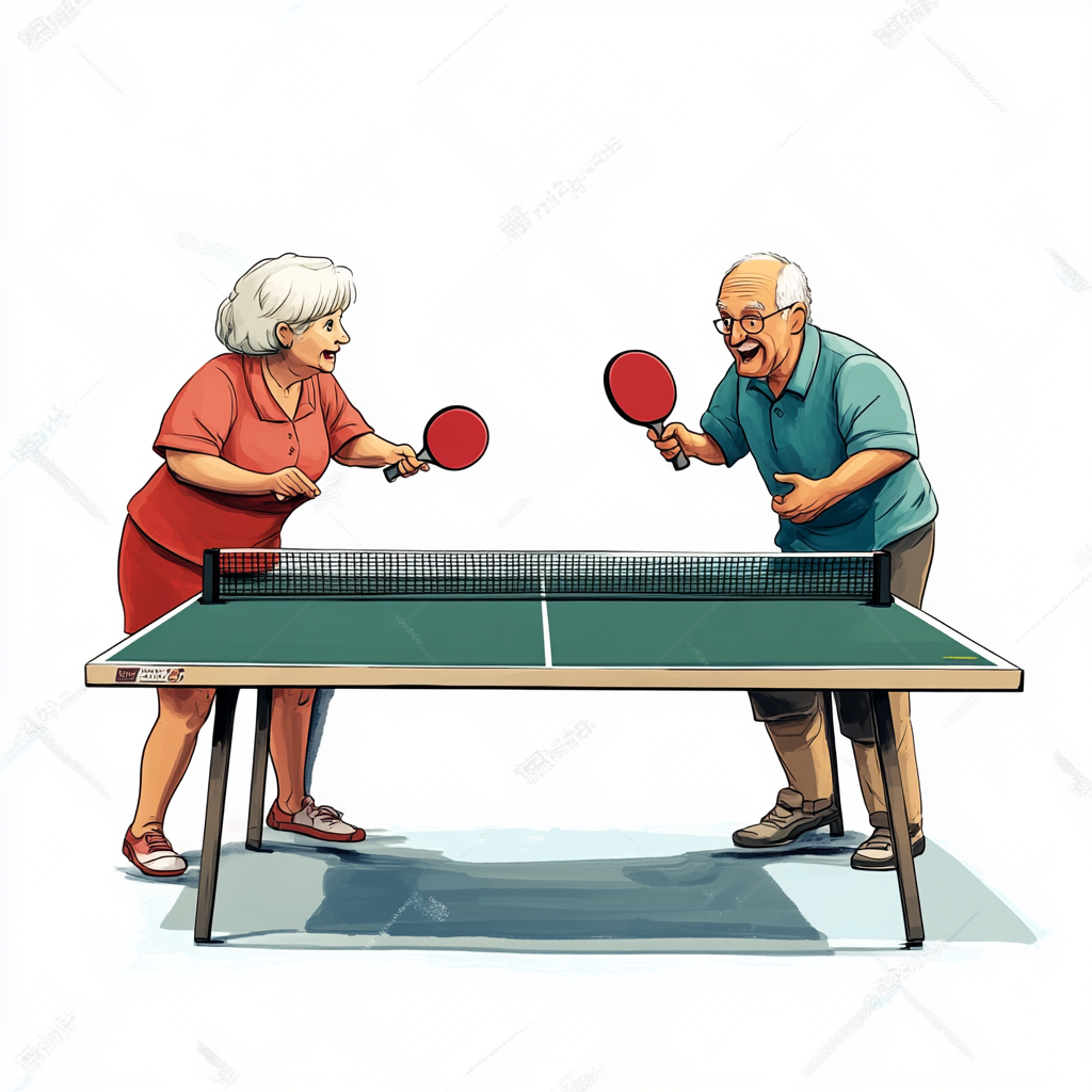 50-year-old couple playing animated ping pong