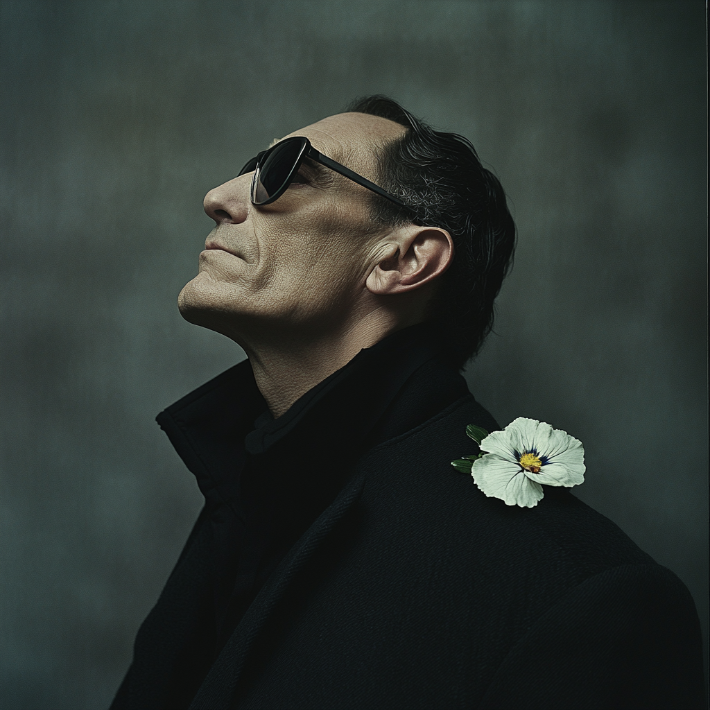 50-year-old man in profile with dark glasses and flower