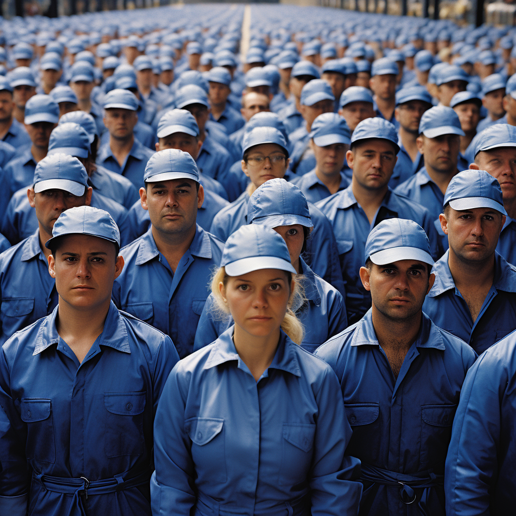 Image of 500 workers wearing blue overalls and white helmets in an industrial yard