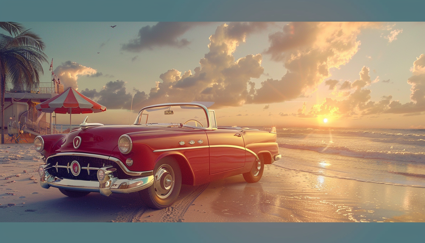 Vintage 50s car cruising on beach