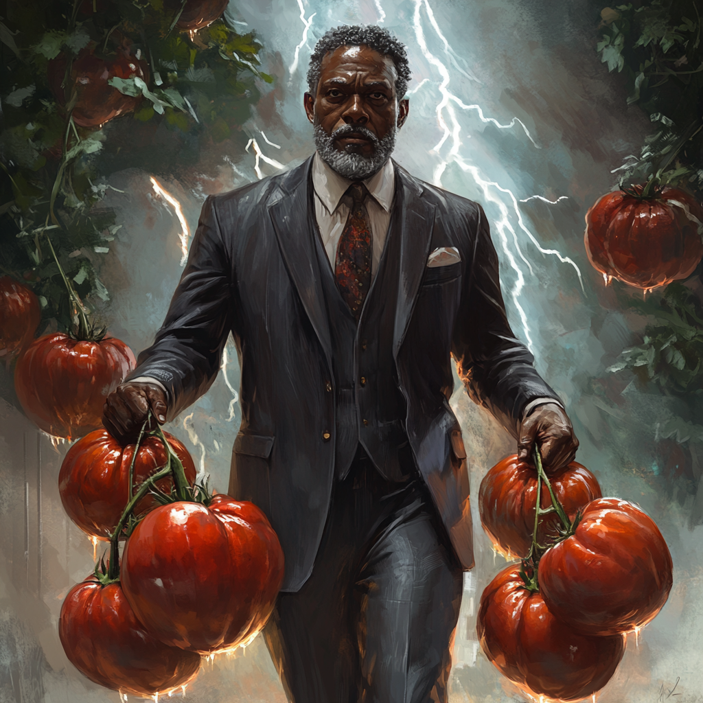 53-year-old black man in suit holds huge tomatoes. Lightning flashes. Wise, kind, badass.