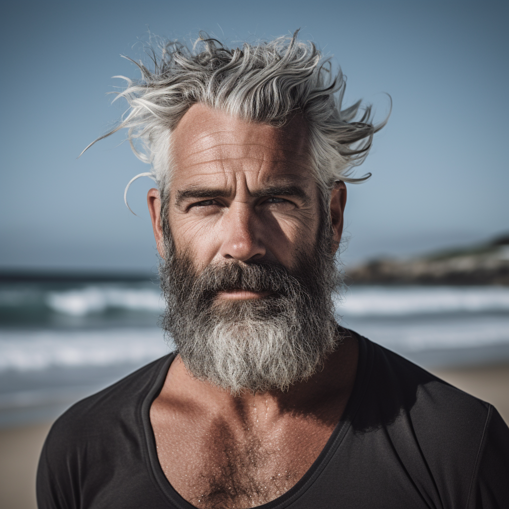 Mature man at beach with salt and pepper hair