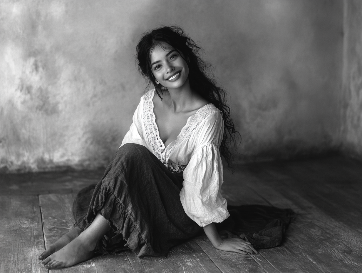 55 year old woman resembling Selena Gomez, in peasant attire, sitting on floor and smiling.