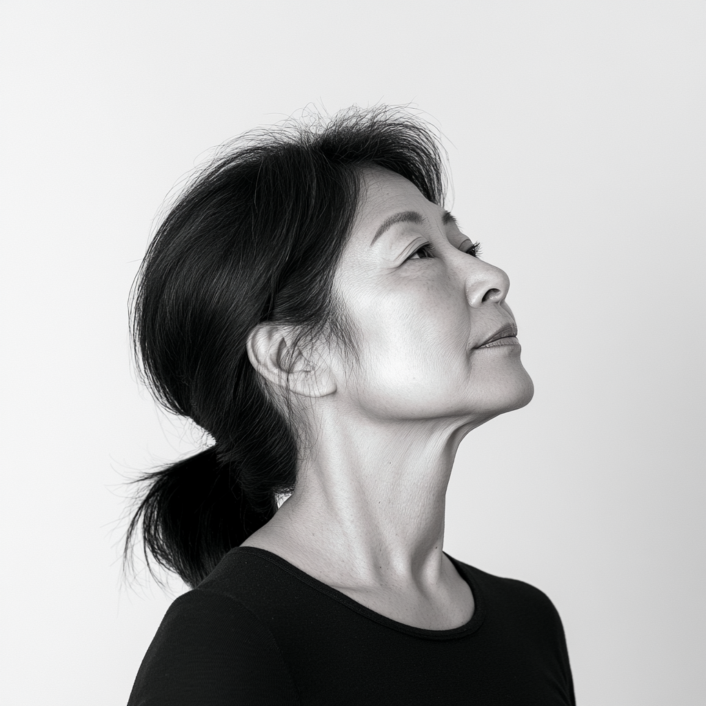 59-Year-Old Asian Woman in Black and White Portrait 