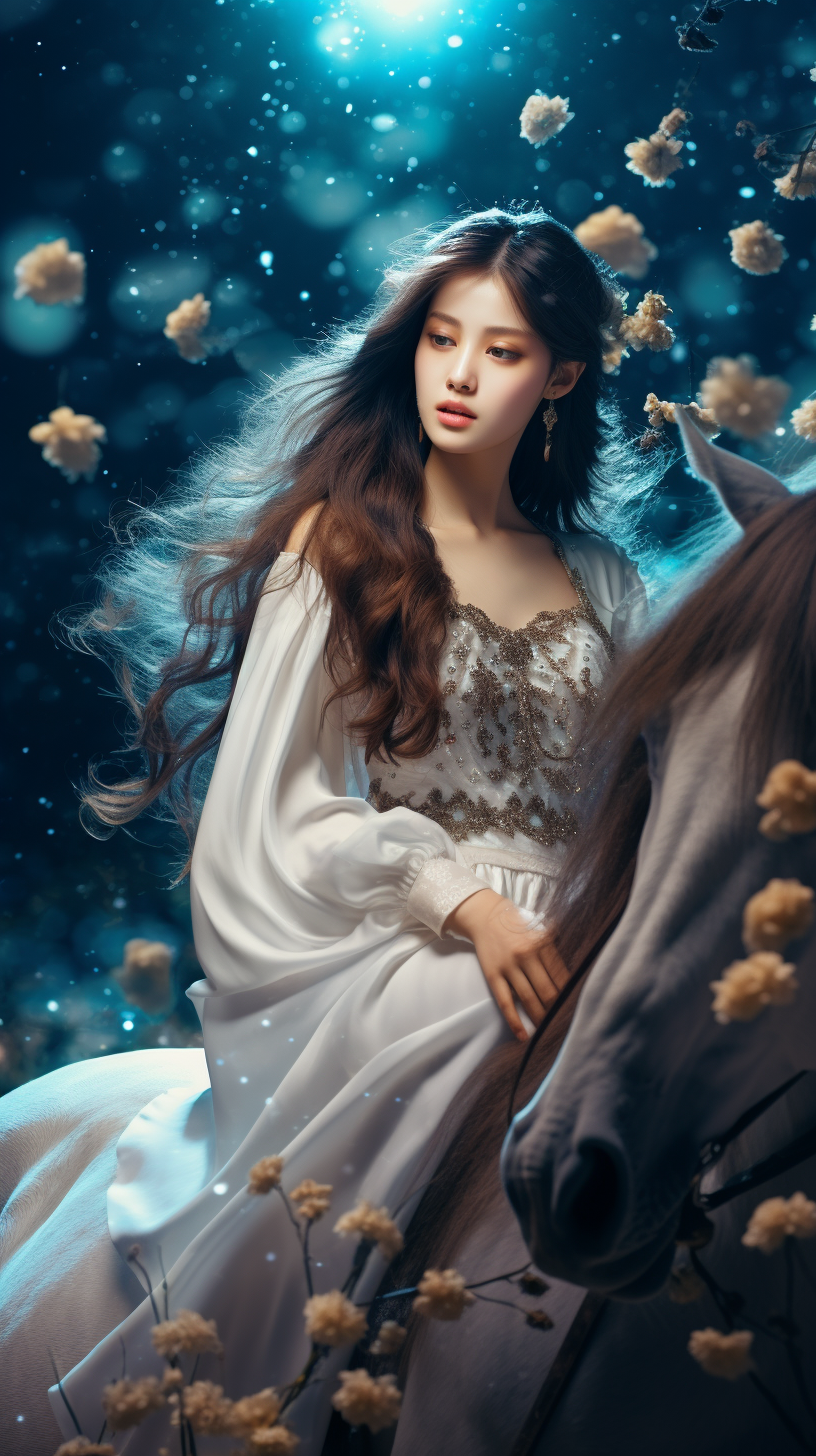 Chinese girl riding horseback in nature