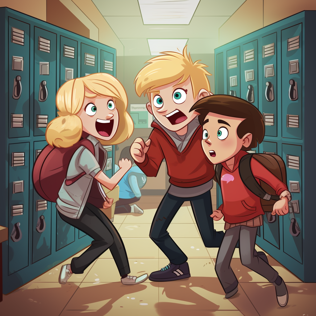Cartoon depiction of 5th grade bullies pushing blonde kid
