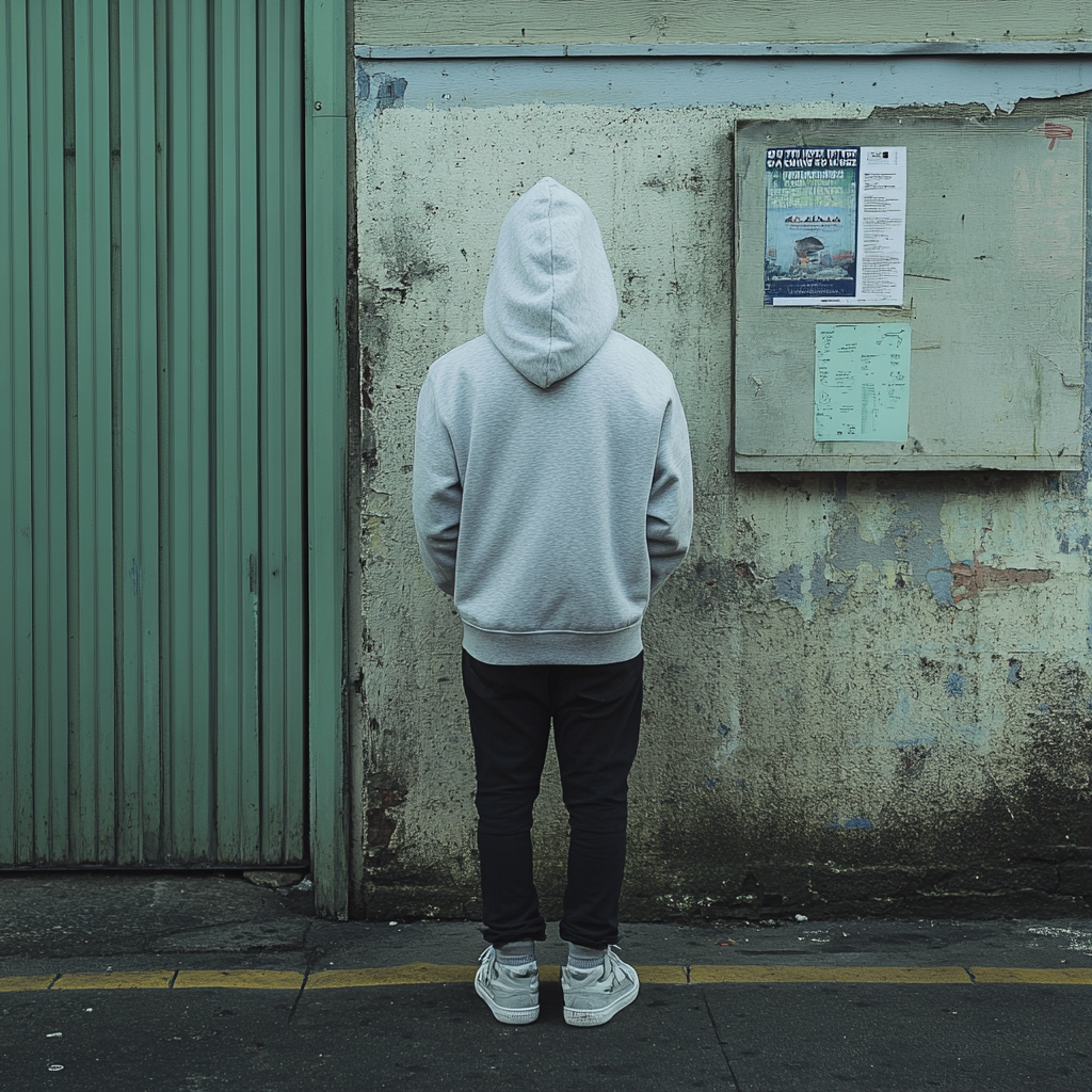 6-foot tall person in grey hoodie, head obscured.