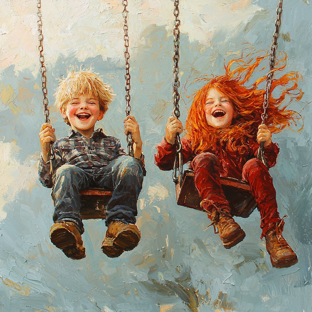 6-year-old boy swinging, girl laughing on swing, day