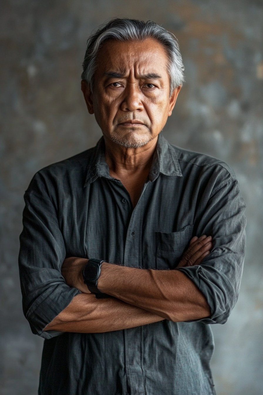 60-year-old Malay man with folded arms, determined expression.