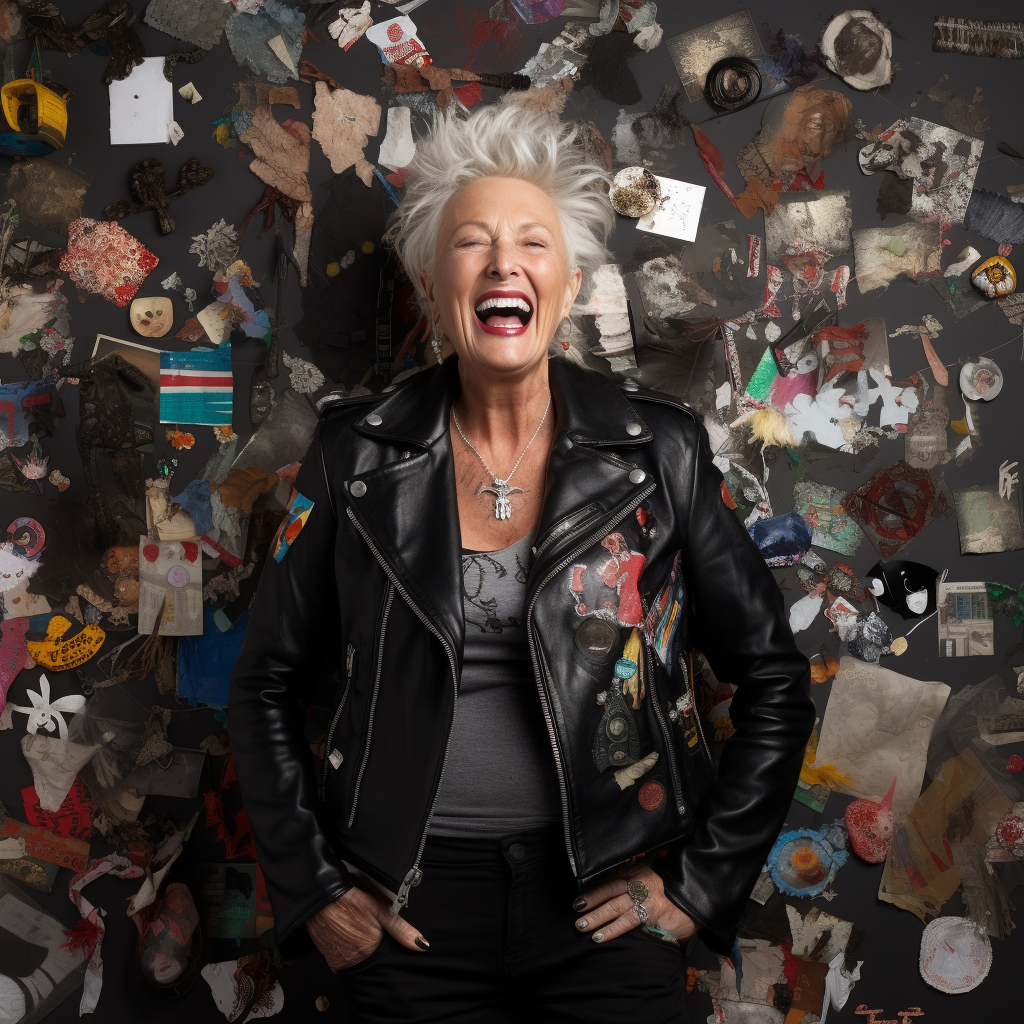 Elderly woman in leather jacket with memories