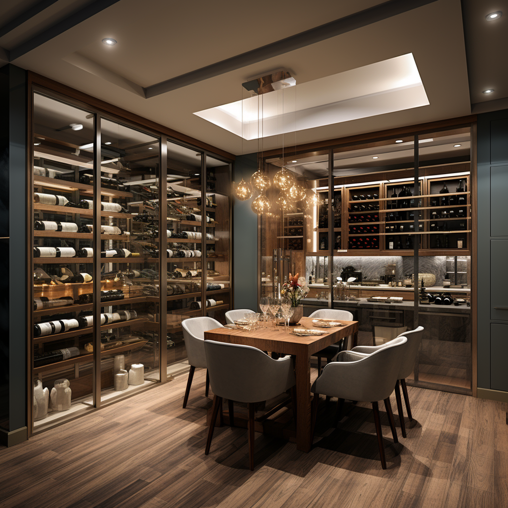 Glass Encased Wine Room with Wood Tones