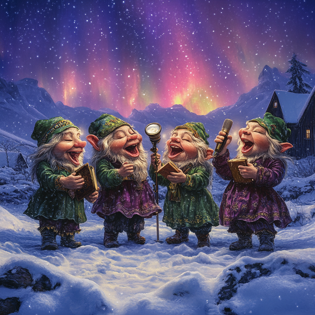 7 trolls singing in snow under northern lights, Iceland