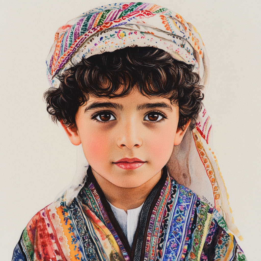 7-year-old Arab boy in thobe and keffiyeh, watercolor.