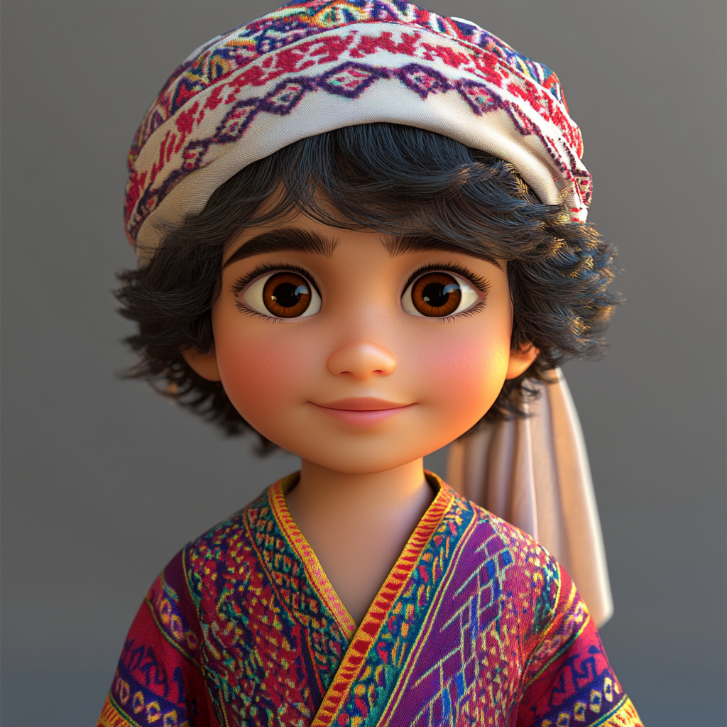7-year-old Arab boy with olive skin, curly black hair, and bright brown eyes wearing colorful thobe.