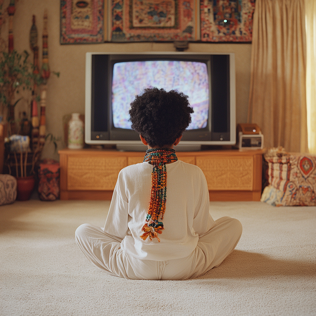 7-year-old Zaha plays Atari in culturally rich room.